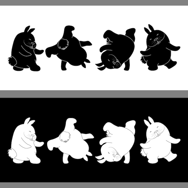 Black and white cute dancing silhouettes of bunnies in cartoon style