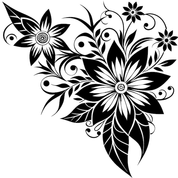 Vector black and white decorative floral corner design vector on white background