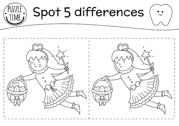 Black and white dental care find differences game for children Mouth hygiene outline preschool activity with cute Tooth Fairy Tooth loss puzzle or coloring page with cute characters for kidsxA