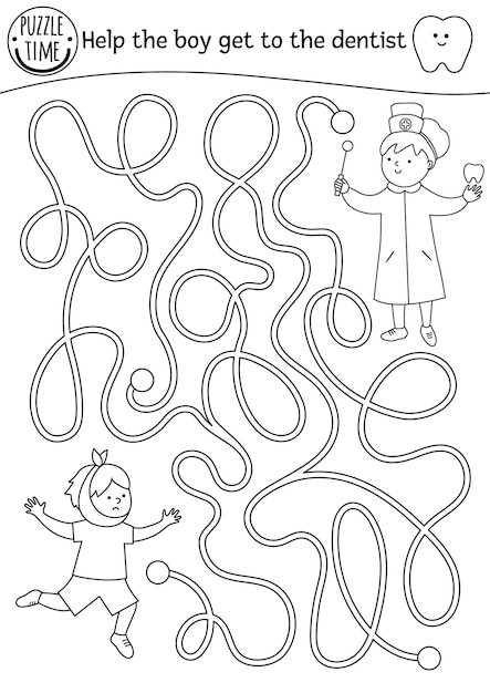 Black and white Dental care maze for children Preschool outline medical activity Funny game or coloring page with cute doctor and child with aching tooth Help the boy get to dentistxA