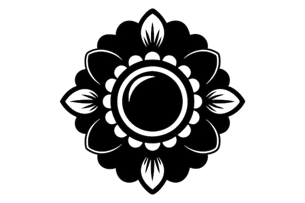 a black and white design with a black flower on it