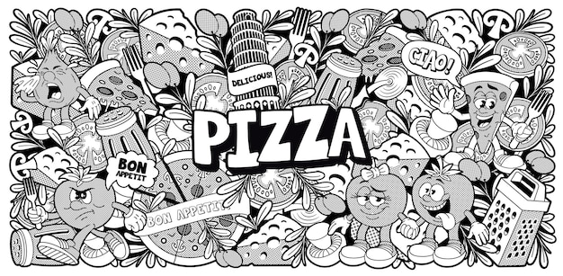 Black and white doodle background for a pizzeria theme