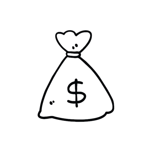 A black and white doodle of a bag of money with a dollar sign on it.