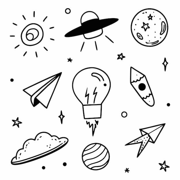 Black and white doodle illustration with star blube rocket glove sun ufo