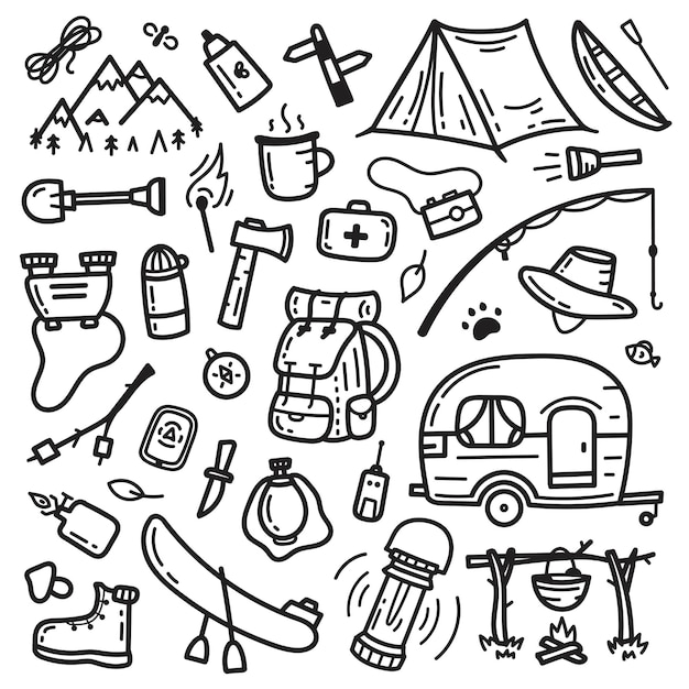 Black and white doodle set of camping elements