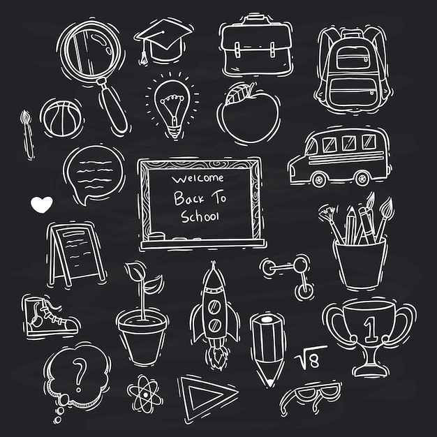 black and white doodle style of school icons collection on chalkboard