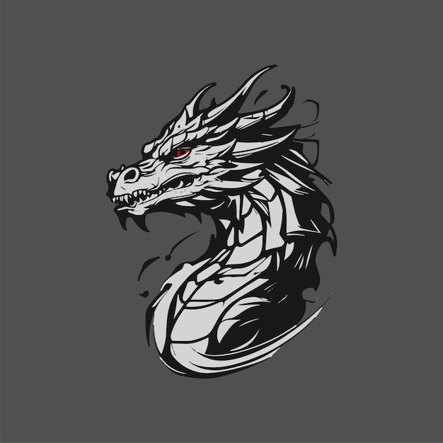 Black and white dragon head tattoo vector illustration showcasing intricate scales and horns