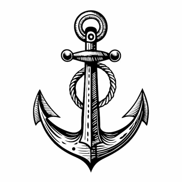 A black and white drawing of an anchor with a rope around it