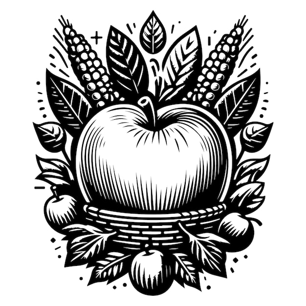 a black and white drawing of an apple line art