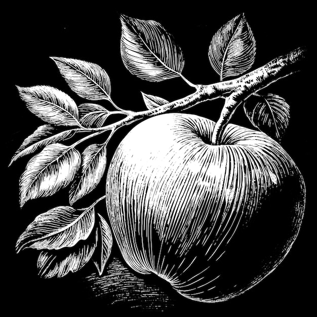 A black and white drawing of an apple with a leaf on top