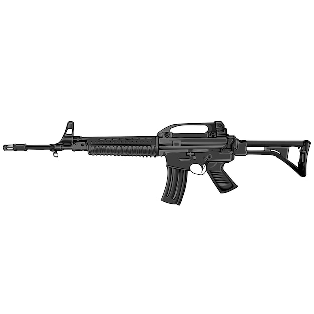 A black and white drawing of an assault rifle.