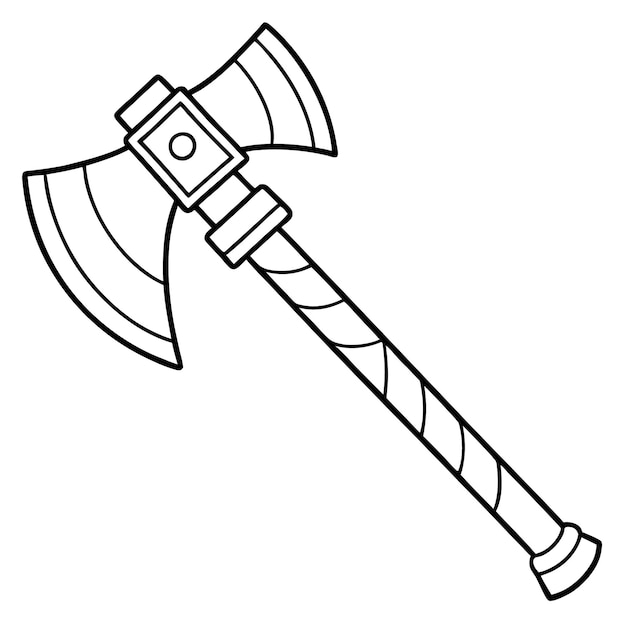 Vector a black and white drawing of a axe with a white background