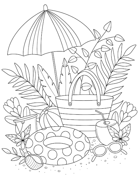 A black and white drawing of a beach scene with a beach umbrella and a bag with a pattern of beach accessories.