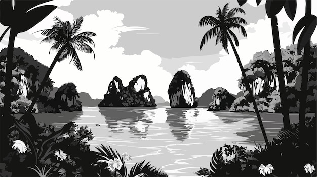 Vector a black and white drawing of a beach scene with palm trees and rocks