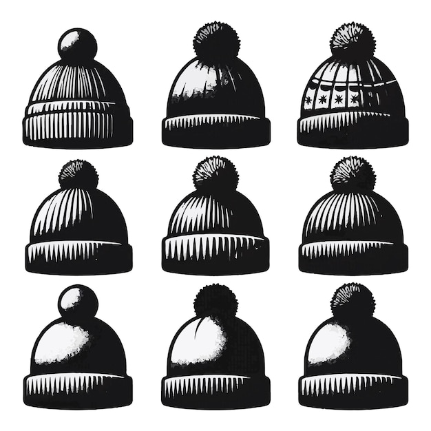 Vector a black and white drawing of a beanie hat with a black and white pattern