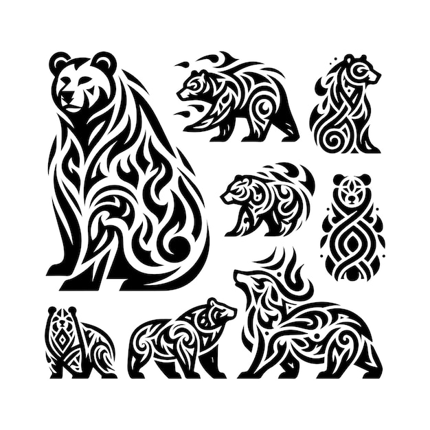 a black and white drawing of a bear and other animals