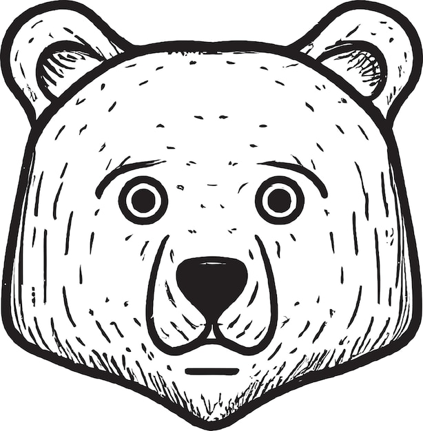 A black and white drawing of a bear's face.