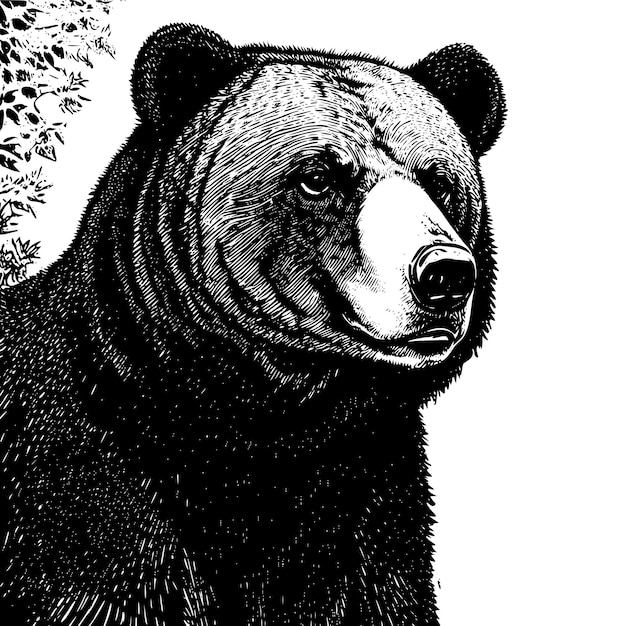 a black and white drawing of a bear in the woods