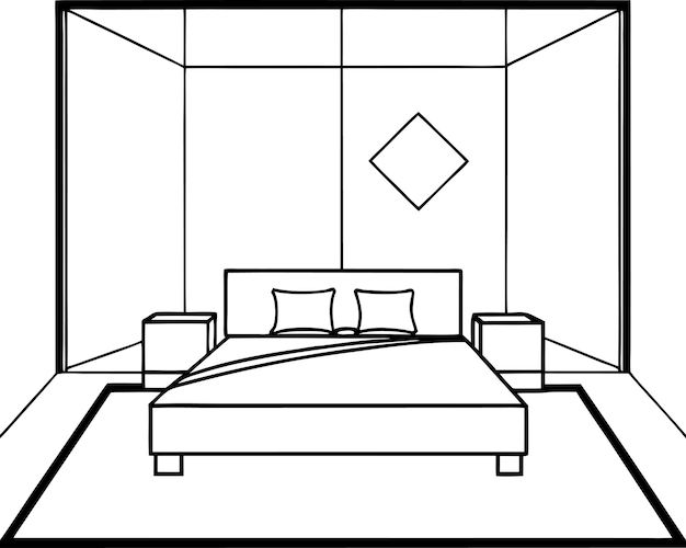 a black and white drawing of a bedroom with a bed and a window