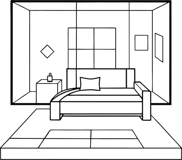 Vector a black and white drawing of a bedroom with a bed and a window