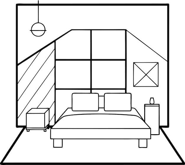 a black and white drawing of a bedroom with a bed and a window