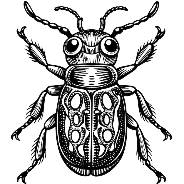 a black and white drawing of a beetle with a black and white background