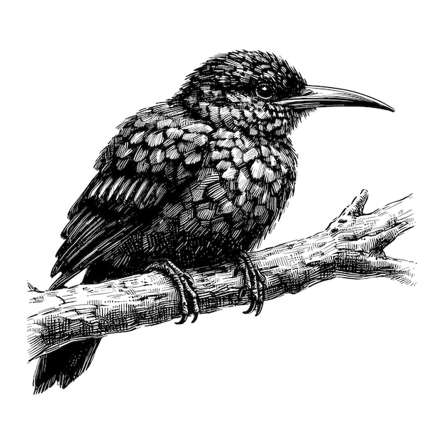 Vector a black and white drawing of a bird on a branch