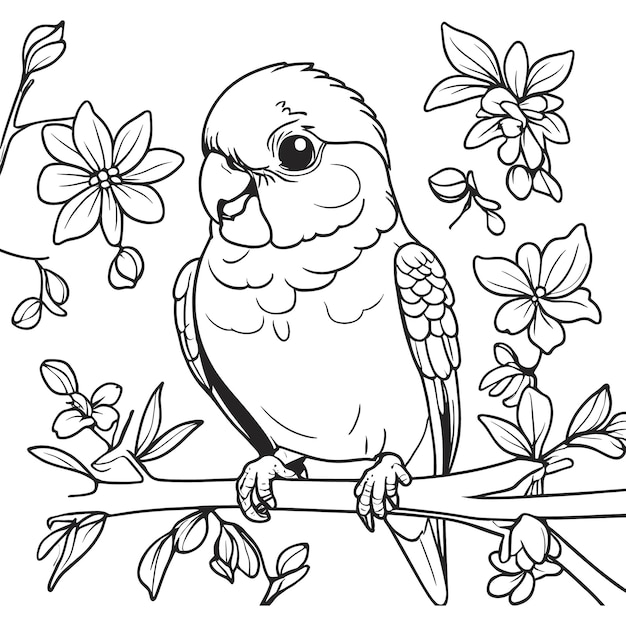 Vector a black and white drawing of a bird sitting on a branch of roses bird coloring page vector