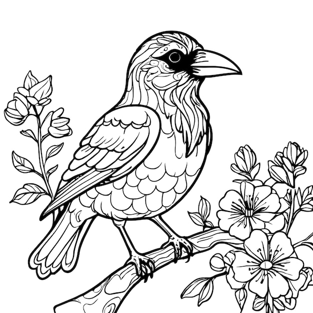 Vector a black and white drawing of a bird sitting on a branch of roses bird coloring page vector