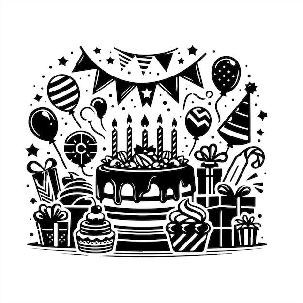 Vector a black and white drawing of a birthday cake with a lit candle