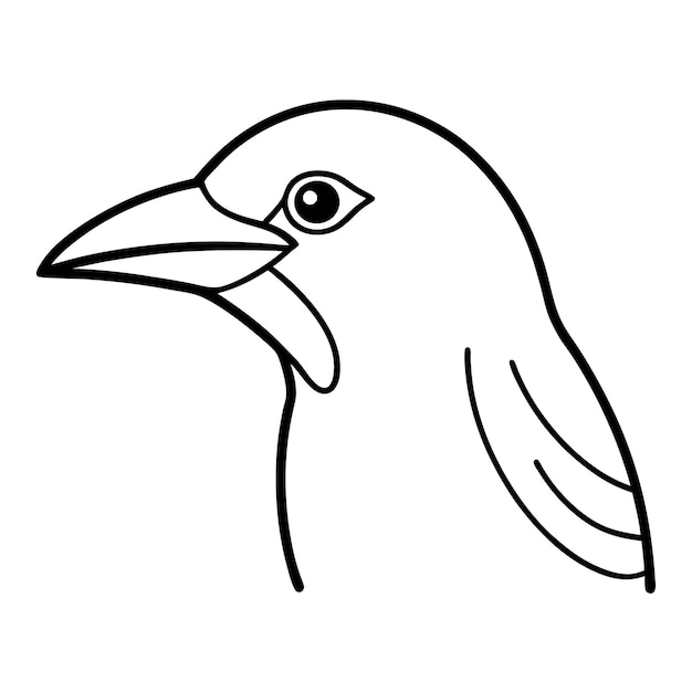 a black and white drawing of a black and white bird with a green eye