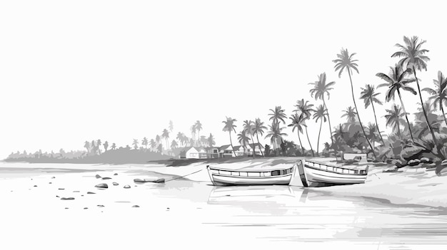 a black and white drawing of boats in the water with palm trees in the background