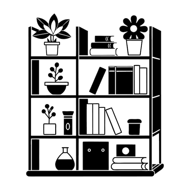 Vector a black and white drawing of a bookcase with a flower on it