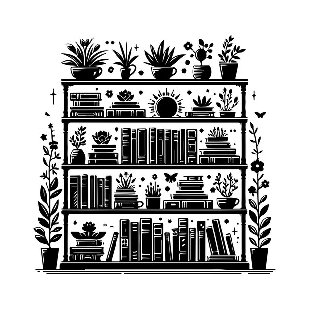 Vector a black and white drawing of a bookcase with plants and plants