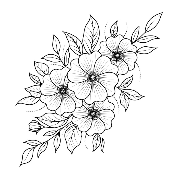 Black and white drawing of a bouquet of flowers.