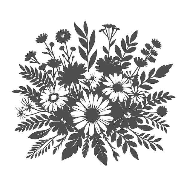 A black and white drawing of a bouquet of flowers