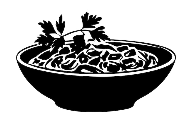 a black and white drawing of a bowl of food with beans and a bottle of olive oil