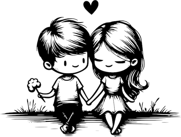 Vector a black and white drawing of a boy and a girl holding hands and a heart with a heart above them