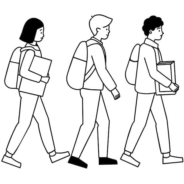 a black and white drawing of a boy and girl with backpacks