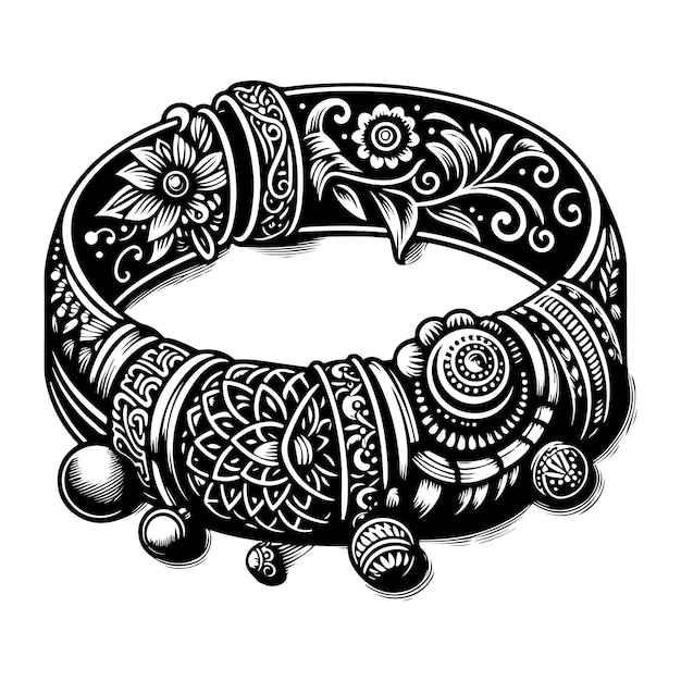 a black and white drawing of a bracelet with a design on it