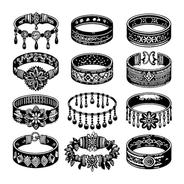 a black and white drawing of a Bracelet with a design of a ring on it