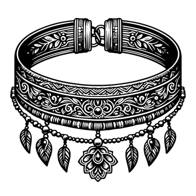 a black and white drawing of a bracelet with a floral design