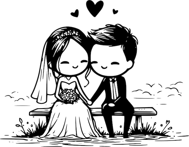 Vector a black and white drawing of a bride and groom on a bench