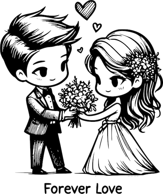 Vector a black and white drawing of a bride and groom holding flowers romantic love and wedding couple