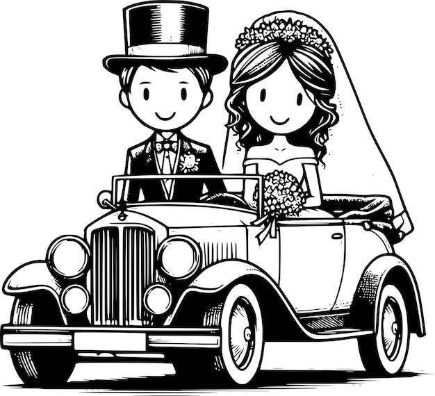 a black and white drawing of a bride and groom in just married car