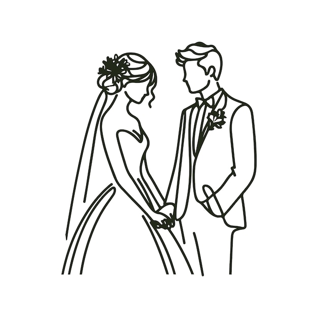 a black and white drawing of a bride and groom