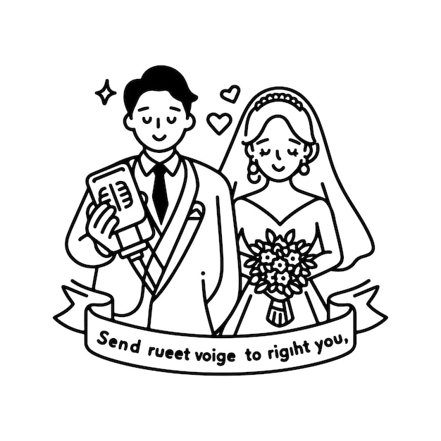 a black and white drawing of a bride and groom