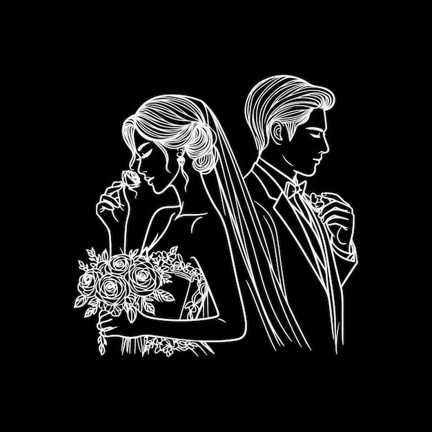 a black and white drawing of a bride and groom