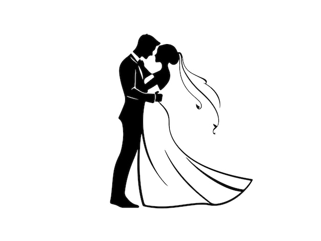 a black and white drawing of a bride and groom