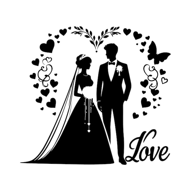 Vector a black and white drawing of a bride and groom